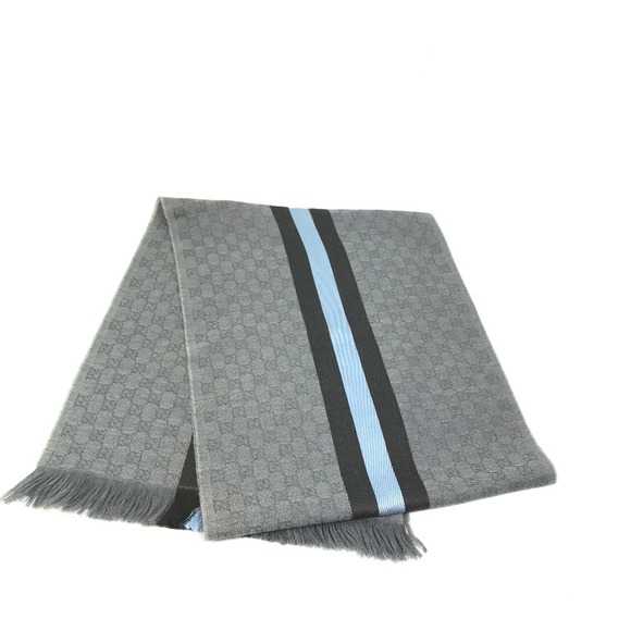 GUCCI 542984 GG Fringe Scarf, Wool/Silk, Men's, Gray, Blue, and Black